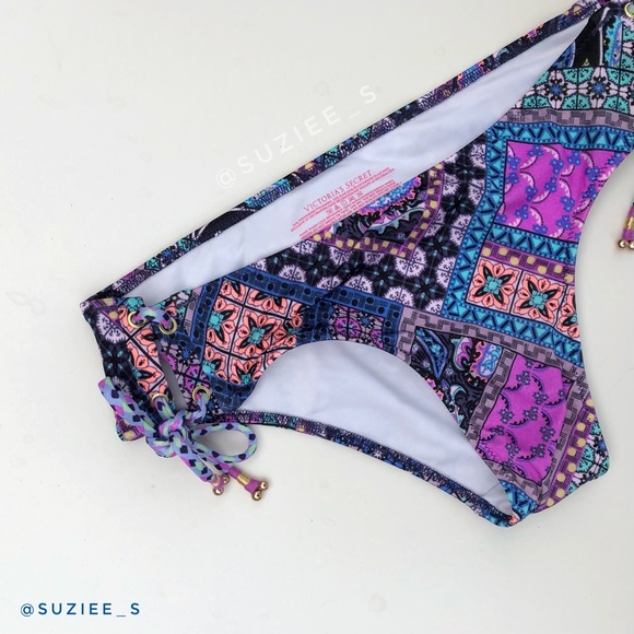 Victoria’s Secret Blue Patchwork Mosaic Print Lace up Bikini Set 34C/S NWT - Picture 10 of 14
